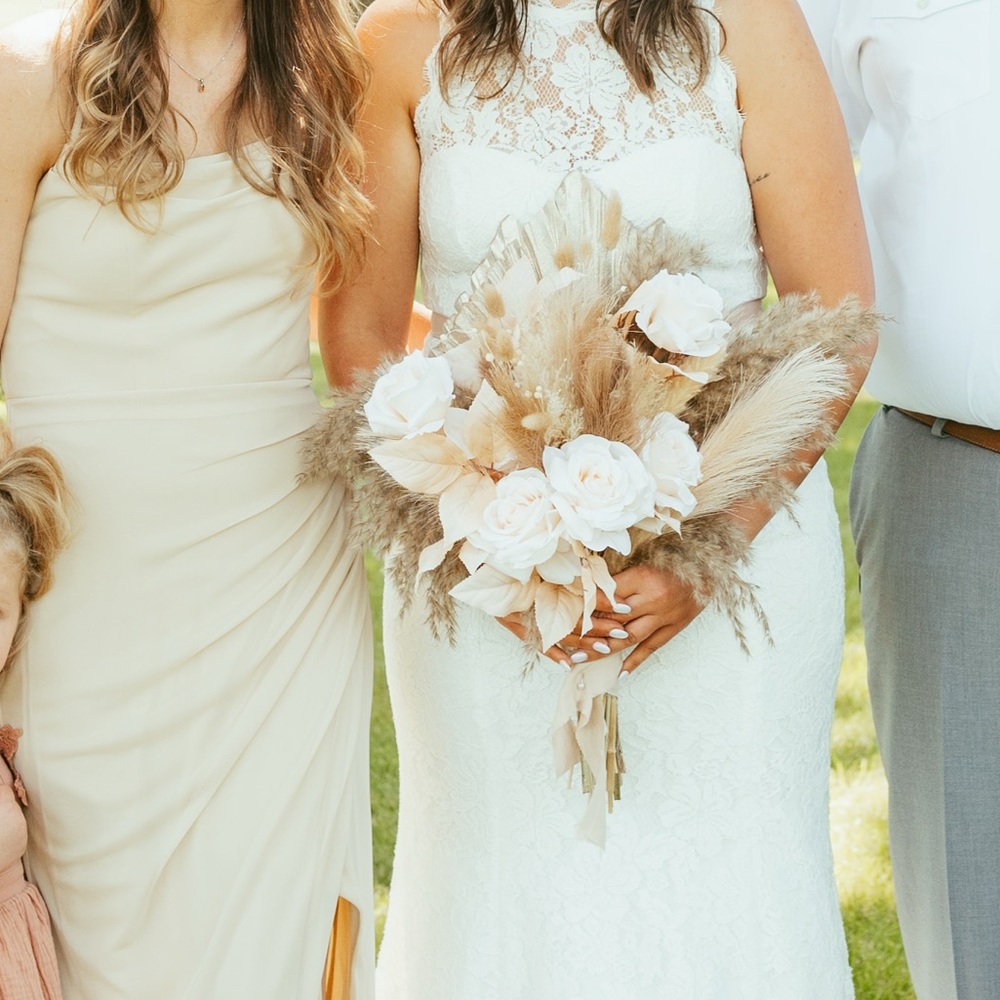 Azazie Champagne Asymmetrical Ruched Maxi Gown - Picture 5 of 5